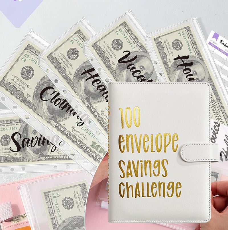 AASLOB 100 Envelopes Money Saving Challenge, 100 Envelope Challenge Binder, Easy and Fun Way to Save $5,050, Savings Challenges Budget Book Binder with Cash Envelopes for Office,Home,School (White) - Image 4